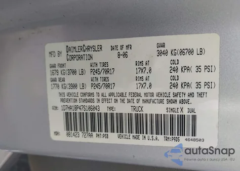 2007 Dodge Ram 1500 St z USA, uszkodzony, nr VIN 1D7HA18P47S106043